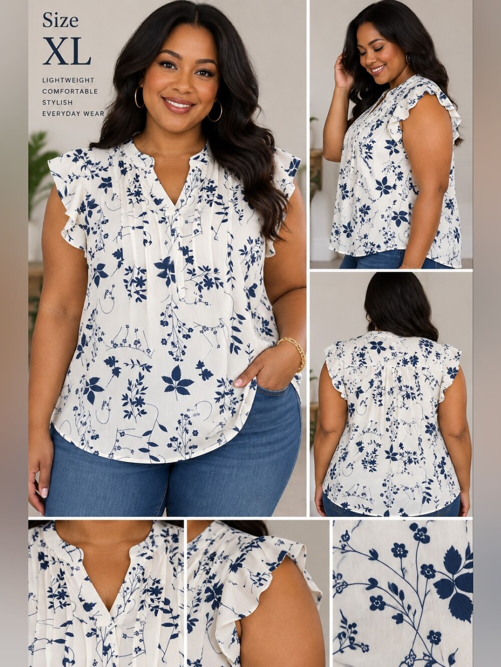 Women's Floral Pintuck Ruffle-Sleeve Blouse — Navy Print